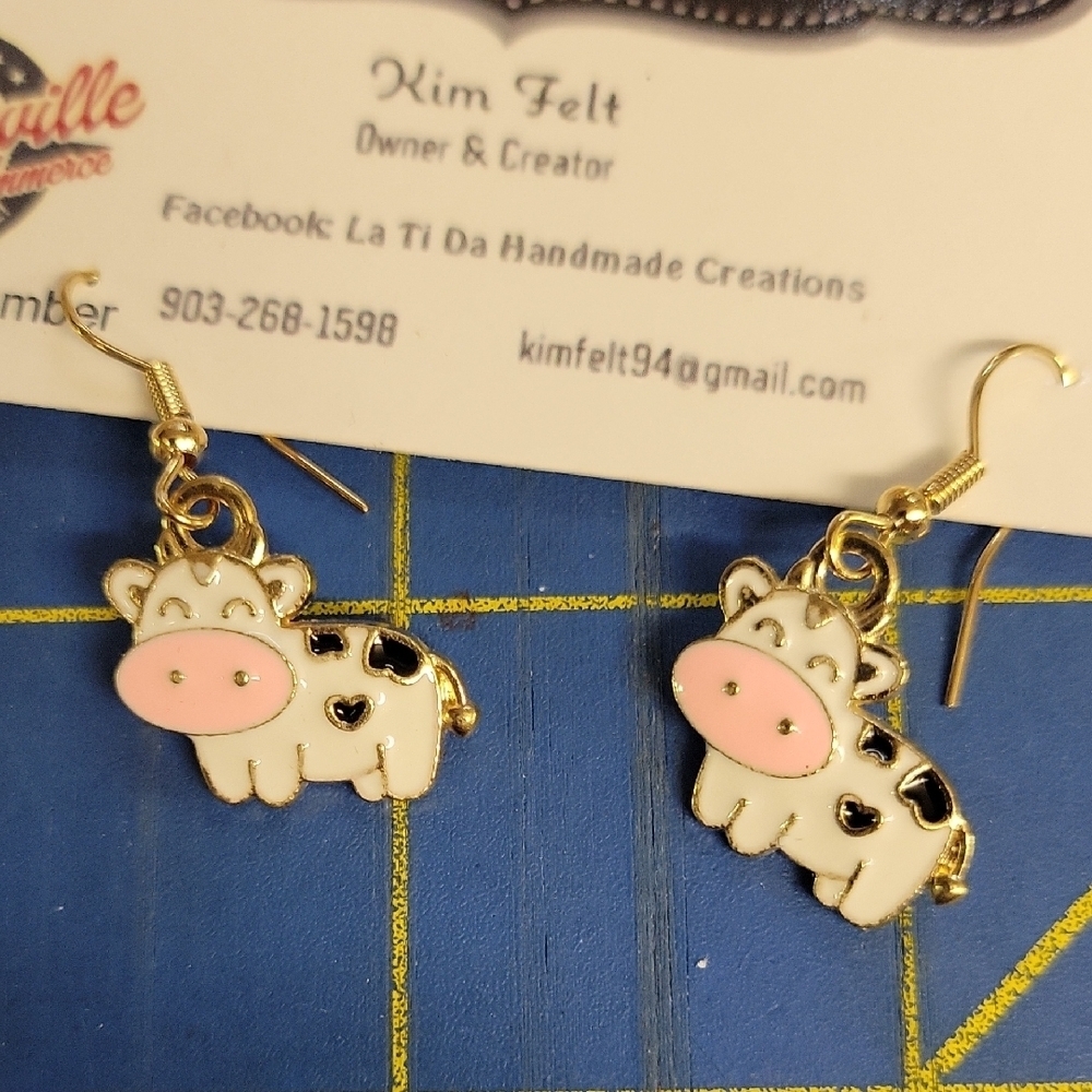 Holstein Cow Enamel Gold Tone Earrings